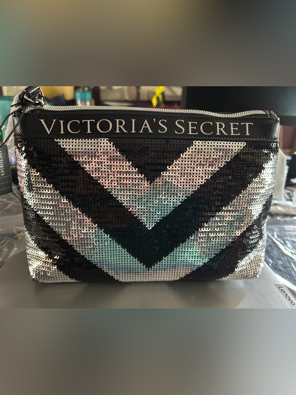 Victoria's Secret Black Cosmetic Bag with Iridescent Chevron Sequins